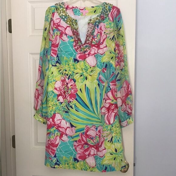 Lilly Pulitzer Silk Saemus Dress in Schooner Blue Land Escape Print Size 2 - Picture 2 of 16